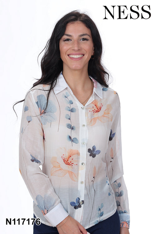 Chemise Ness N117176 imprimé floral aquarelle pour femme – Légère et artistique, parfaite pour quotidien, sorties et bureau