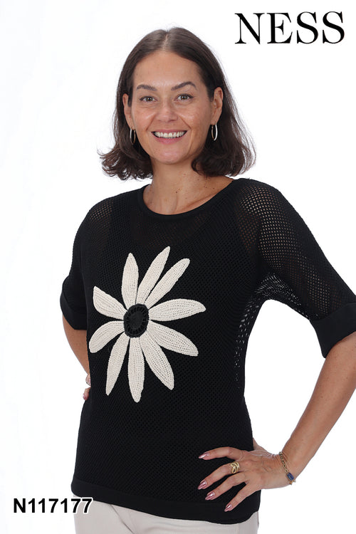Haut Ness N117177 noir maille ajourée motif fleur paillettes pour femme – Élégant et artistique, parfait pour sorties, occasions et événements