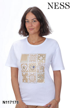 Chandail Ness N117178 blanc motifs patchwork paillettes pour femme – Créatif et élégant, parfait pour quotidien, sorties et occasions