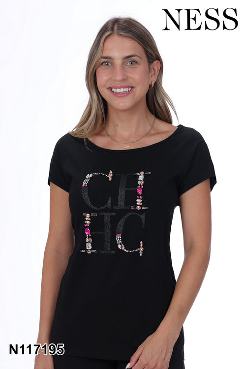 Chandail Ness N117195 noir inscription CHIC paillettes strass pour femme – Élégant et glamour, parfait pour sorties, occasions et événements