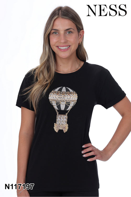Chandail Ness N117197 noir imprimé montgolfière paillettes pour femme – Créatif et tendance, parfait pour quotidien, sorties et occasions