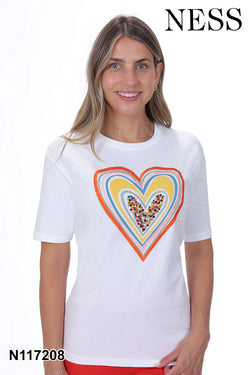 Chandail Ness N117208 blanc motif cœur multicolore paillettes pour femme – Joyeux et vibrant, parfait pour quotidien, sorties et occasions