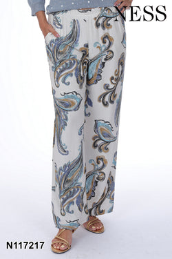 Pantalon Ness N117217 jambe large crème imprimé baroque bleu pour femme – Luxueux et artistique, parfait pour sorties, occasions et événements