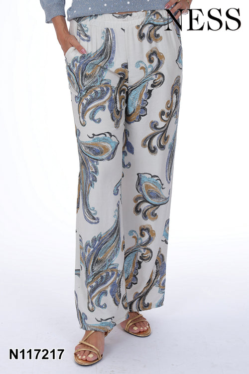 Pantalon Ness N117217 jambe large crème imprimé baroque bleu pour femme – Luxueux et artistique, parfait pour sorties, occasions et événements