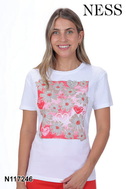 Chandail Ness N117246 blanc imprimé floral cœurs paillettes pour femme – Romantique et glamour, parfait pour quotidien, sorties et occasions