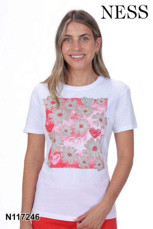 Chandail Ness N117246 blanc imprimé floral cœurs paillettes pour femme – Romantique et glamour, parfait pour quotidien, sorties et occasions