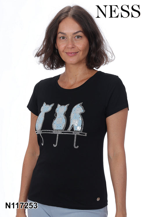 Chandail Ness N117253 noir imprimé trois chats paillettes pour femme – Créatif et charmant, parfait pour quotidien, sorties et occasions