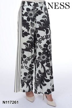 Pantalon Ness N117261 jambe large imprimé floral beige et noir pour femme – Audacieux et élégant, parfait pour quotidien, sorties et occasions
