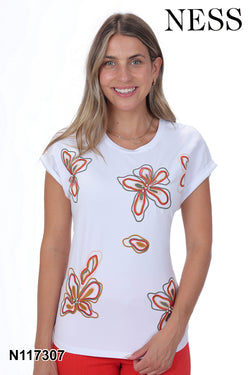 Chandail Ness N117307 blanc imprimé floral corail pour femme – Frais et artistique, parfait pour quotidien, sorties et vacances