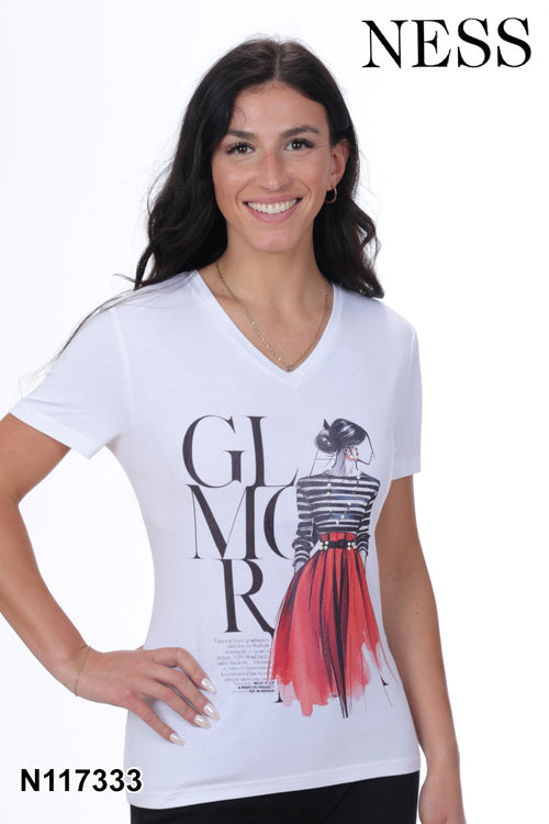 Chandail Ness N117333 blanc inscription GLAMOUR illustration mode pour femme – Chic et élégant, parfait pour quotidien, sorties et occasions