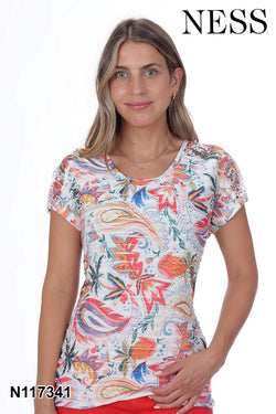Chandail Ness N117341 blanc imprimé floral tropical multicolore pour femme – Vibrant et exotique, parfait pour quotidien, sorties et occasions