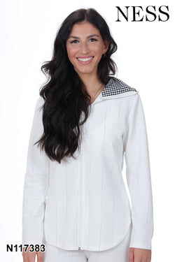 Veste Ness N117383 blanche détails paillettes col vichy pour femme – Élégante et raffinée, parfaite pour quotidien, sorties et occasions