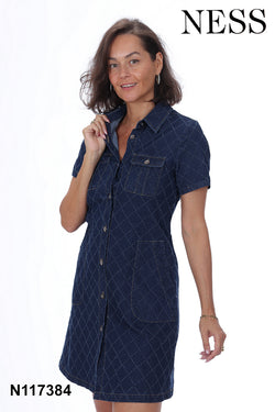 Robe Ness N117384 denim marine foncé motif losange pour femme – Tendance et polyvalente, parfaite pour quotidien, sorties et occasions