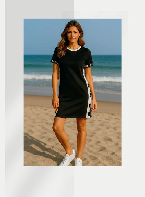 Robe Orly 261343 noire avec panneaux blancs contrastés pour femme – Manches courtes, style chic décontracté et moderne