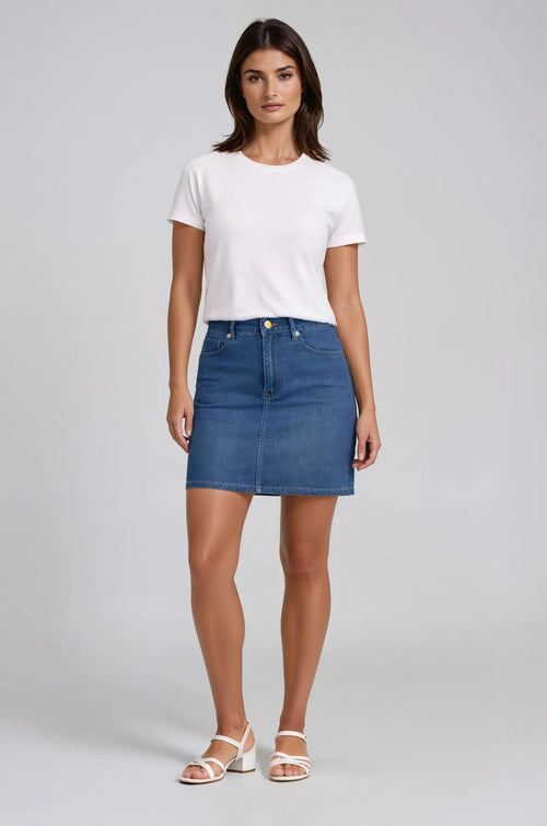 Jupe Carreli Jeans PRS-93-MS denim bleu moyen pour femme – Élégante et intemporelle, parfaite pour quotidien, sorties et occasions