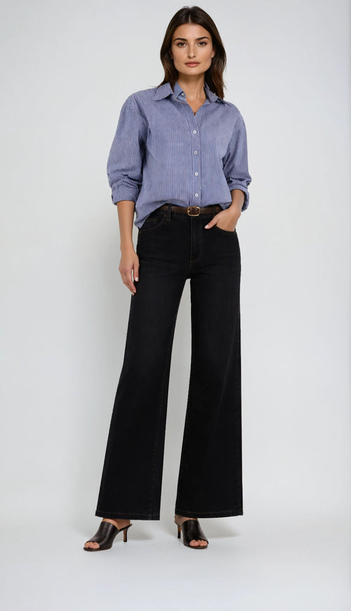 Jean Wide Leg Taille Haute Noir Denim Foncé Carreli PR-9595 — Pour la femme aux silhouettes amples et chics, portez-le avec une chemise rayée au quotidien, un blazer crème au bureau ou un pull oversize le weekend