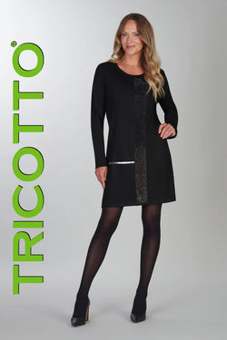 Robe Tricotto T-384 noire panneau vertical brillant pour femme – Élégante et lumineuse, parfaite pour sorties, occasions et soirées