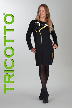 Robe Tricotto 547 noire détail graphique jaune et blanc pour femme – Élégante et originale, parfaite pour bureau, sorties et occasions