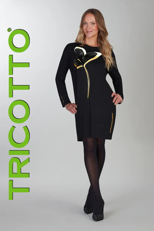 Robe Tricotto 547 noire détail graphique jaune et blanc pour femme – Élégante et originale, parfaite pour bureau, sorties et occasions