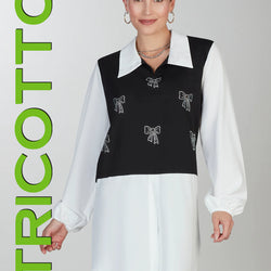 Tunique Tricotto T-571 pour femme – Haut noir et blanc à effet superposé avec détails brillants élégants