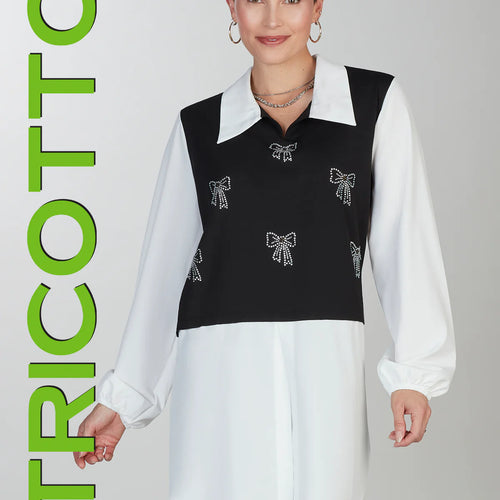 Tunique Tricotto T-571 pour femme – Haut noir et blanc à effet superposé avec détails brillants élégants