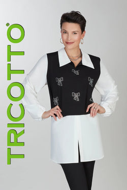 Tunique Tricotto T-571 pour femme – Haut noir et blanc à effet superposé avec détails brillants élégants