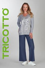 Haut gris Tricotto à manches longues avec imprimé brillant décoratif au devant, conçu pour un style moderne et soigné – Modèle T-366