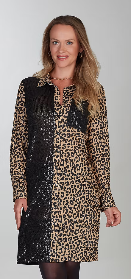 Robe Tricotto T-390 imprimé animal panneau contrastant pour femme – Audacieuse et structurée, parfaite pour sorties, occasions et événements