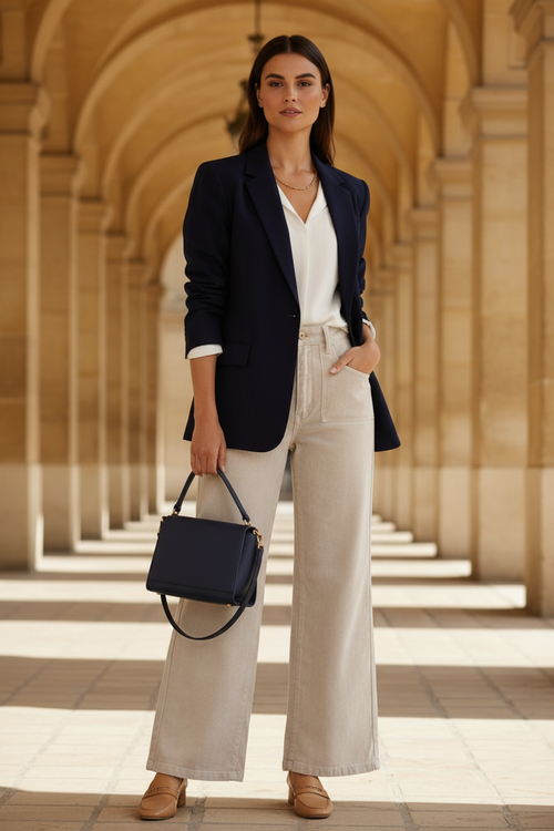 Beige – Look 4 : Veston marine enfilé