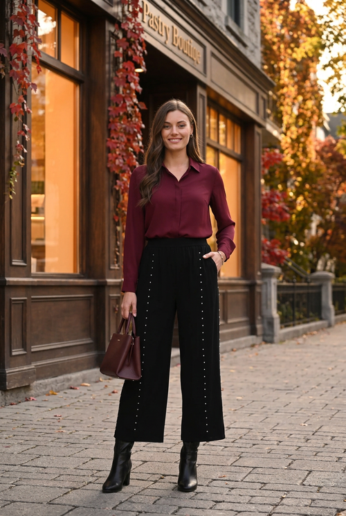 Blouse bourgogne et sac chocolat, devant une pâtisserie montréalaise