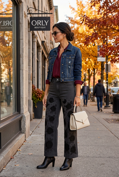 Blouse bourgogne et veste courte en denim