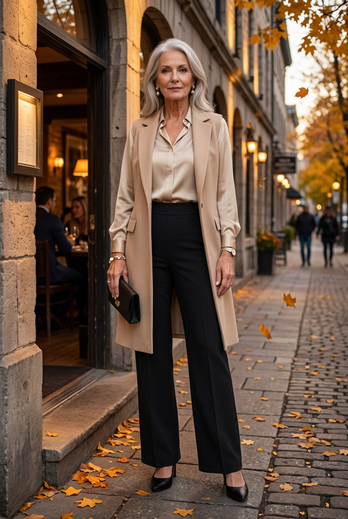 Blouse champagne et pardessus beige sans manches dans le Vieux-Montréal
