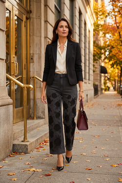 Blouse crème et veston noir pour une sortie en ville