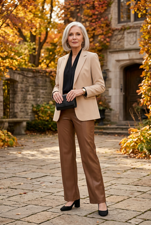 Blouse noire et veston beige pour une sortie élégante