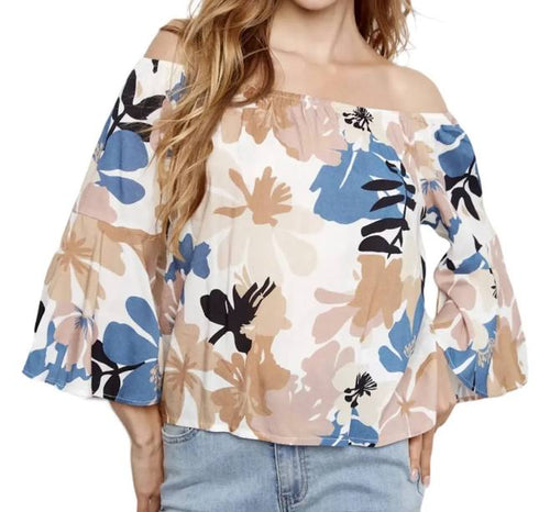 Haut Charlie B imprimé floral – Manches 3/4 évasées, encolure bateau, imprimé floral bleu et beige, style bohème chic