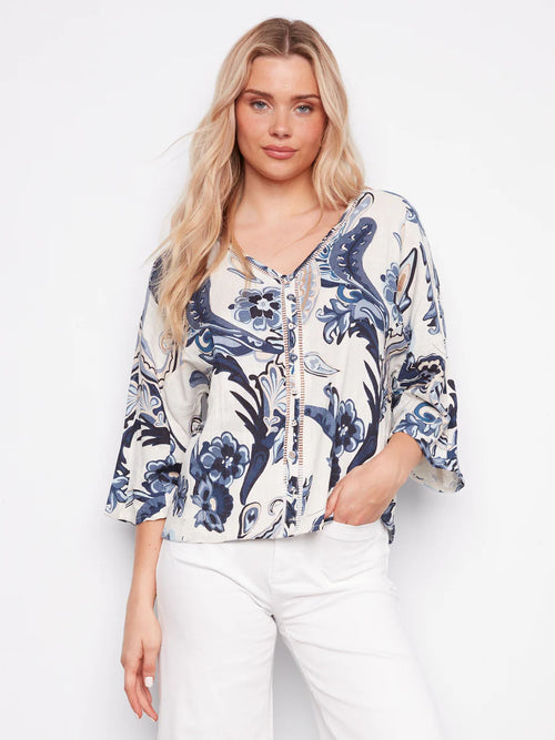 Haut Charlie B C4650-787A-P498 imprimé Paisley lin pour femme – Élégant et bohème, parfait pour quotidien, sorties et vacances