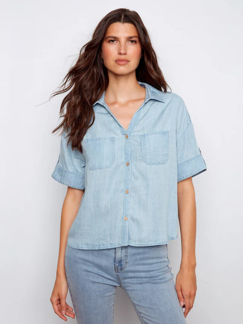 Haut Charlie B 4688-578C-140 chemise tencel bleu pâle pour femme – Léger et élégant, parfait pour quotidien, bureau et sorties