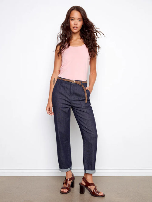 Pantalon Charlie B C-5755-542C-9100 bleu profond avec ceinture pour femme – Élégant et polyvalent, parfait pour quotidien, bureau, sorties et occasions