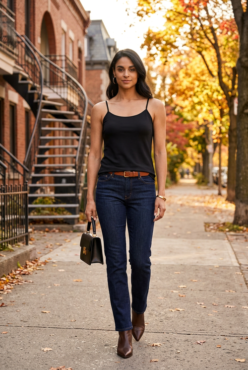 Camisole noire, jean indigo et bottines chocolat