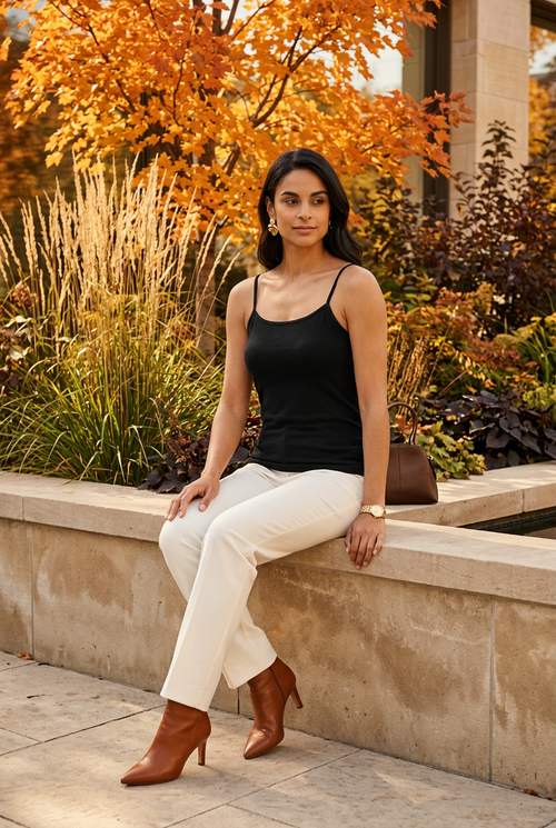 Camisole noire, pantalon blanc cassé et accessoires chocolat
