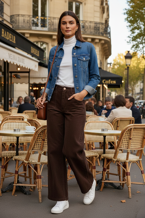 Chocolat – Look 2 : Manteau en jean enfilé