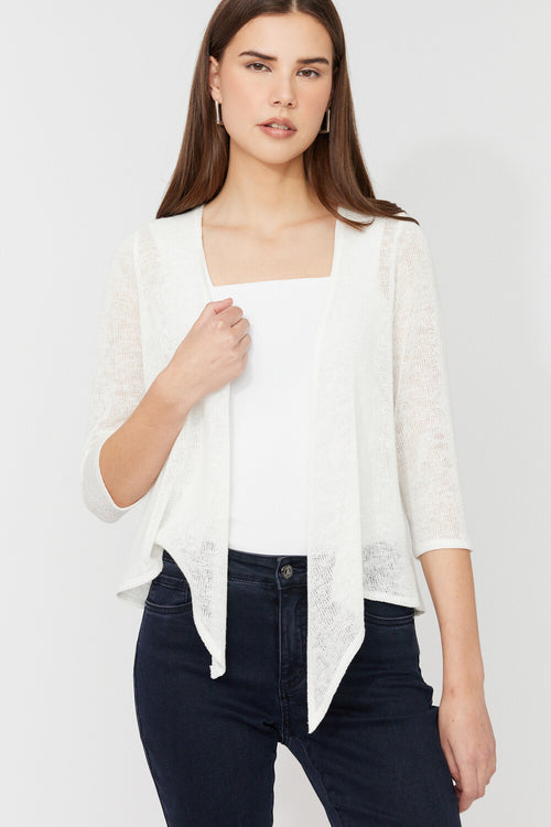 Haut léger ivoire pour femme – Compli K 36057 | Cardigan ouvert à nouer style élégant et fluide | Pour la femme moderne qui aime les superpositions raffinées | Parfait pour le bureau, les sorties ou les soirées
