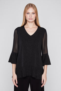 Haut Tunique Noir Scintillant Manches Mousseline Volant Poignet Col V Compli K 50306 — Pour la femme au glamour raffiné, portez-le en soirée sur un pantalon slim noir, au cocktail sur une jupe midi satin, ou au bureau chic sous un blazer structuré