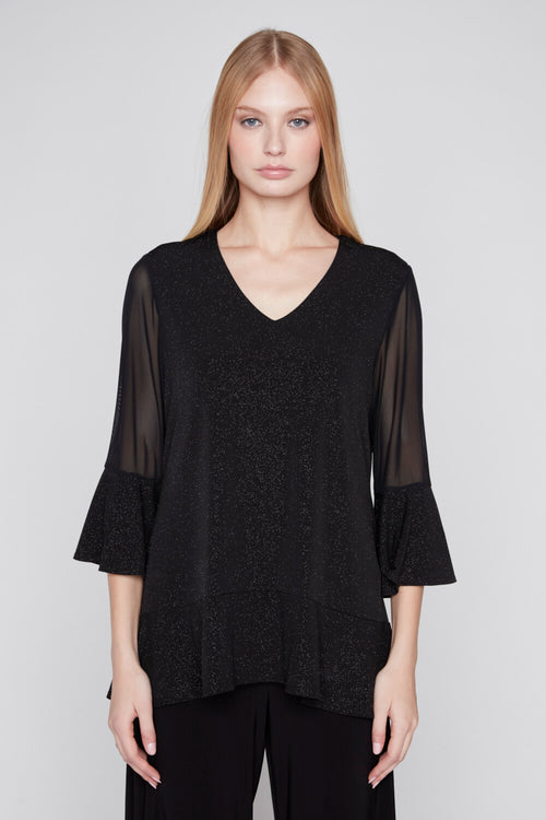 Haut Tunique Noir Scintillant Manches Mousseline Volant Poignet Col V Compli K 50306 — Pour la femme au glamour raffiné, portez-le en soirée sur un pantalon slim noir, au cocktail sur une jupe midi satin, ou au bureau chic sous un blazer structuré