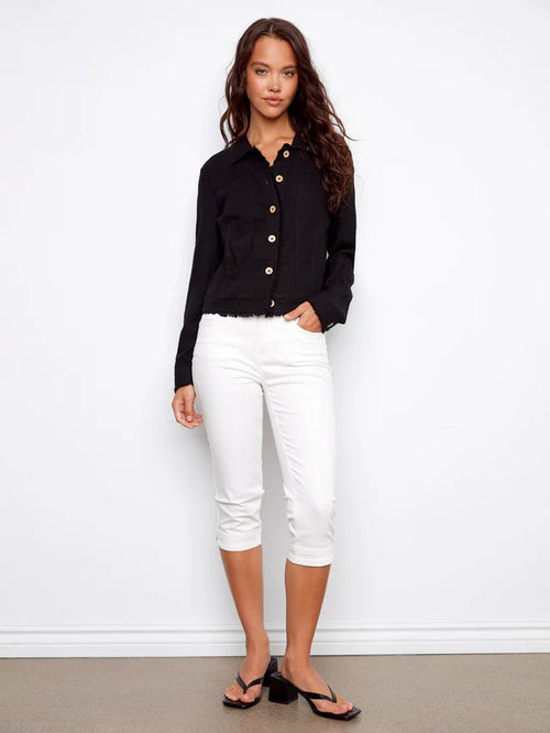 Veste Charlie B C6199YY-229B-001 noire lin finitions effilochées pour femme – Chic et moderne, parfaite pour printemps-été, bureau et occasions
