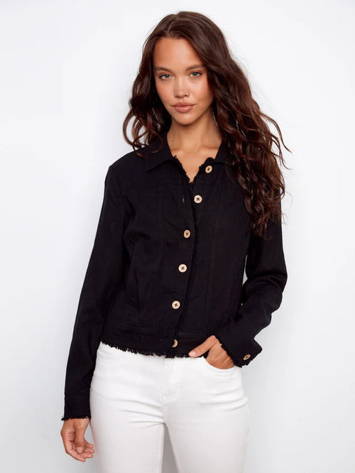 Veste Charlie B C6199YY-229B-001 noire lin finitions effilochées pour femme – Chic et moderne, parfaite pour printemps-été, bureau et occasions
