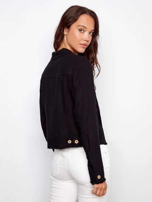 Veste Charlie B C6199YY-229B-001 noire lin finitions effilochées pour femme – Chic et moderne, parfaite pour printemps-été, bureau et occasions