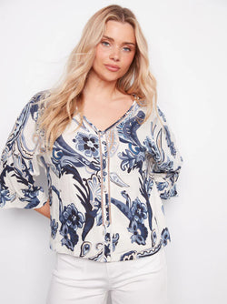 Haut Charlie B C4650-787A-P498 imprimé Paisley lin pour femme – Élégant et bohème, parfait pour quotidien, sorties et vacances