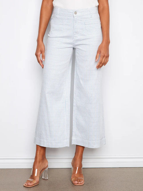 Pantalon Charlie B C5538-892BP-234 rayures bleu ciel évasé pour femme – Frais et élégant, parfait pour été, quotidien, bureau et sorties