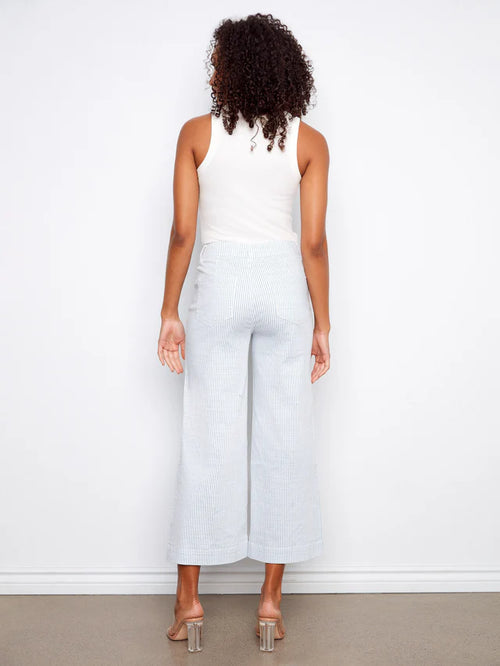 Pantalon Charlie B C5538-892BP-234 rayures bleu ciel évasé pour femme – Frais et élégant, parfait pour été, quotidien, bureau et sorties